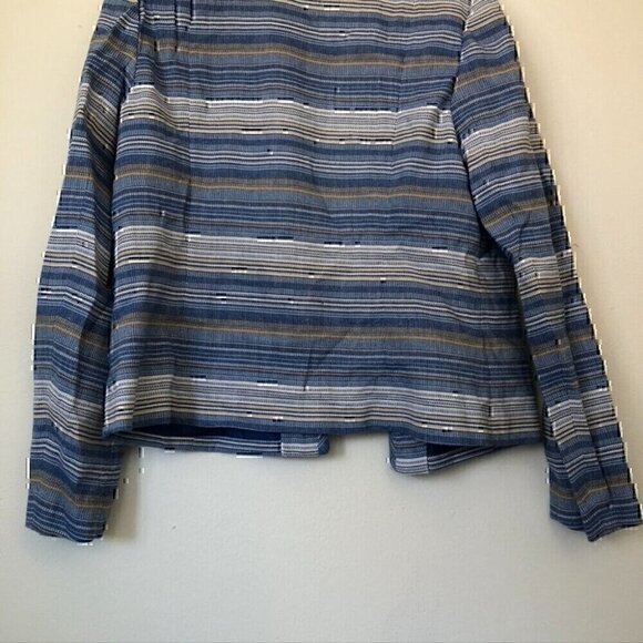LAUNDRY BY SHELLI SEGAL Blue White Tan Striped Tweed Open Front Blazer Jacket 14 - Picture 11 of 11